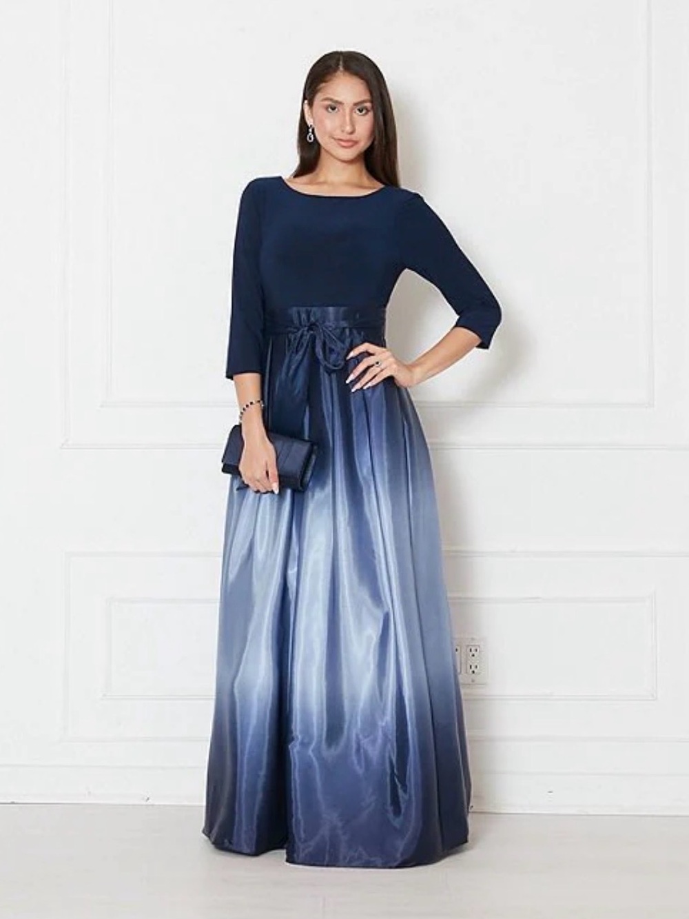 Ignite Evenings Ombre Satin Boat Neck 3/4 Sleeve Tie Waist Pocketed Gown in Navy